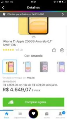 [APP] iPhone 11 Apple 256GB Amarelo 6,1” 12MP iOS | R$4.649