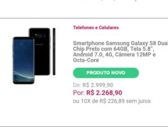 Smartphone Samsung Galaxy S8 Dual Chip Preto com 64GB, Tela 5.8”, Android 7.0, 4G, Câmera 12MP e Octa-Core - R$2269