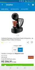 Cafeteira Expresso Arno Dolce Gusto Infinissima - de Cápsula Preta 15 Bar 24 Xícaras por R$ 207