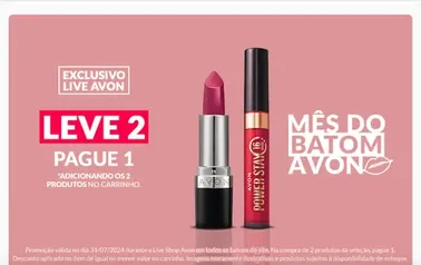 Leve 2 pague 1 + 15% off em Todos os batons - Avon