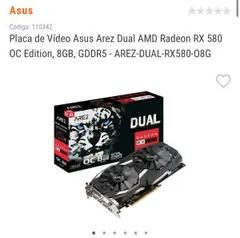 Placa de Vídeo Asus Arez Dual AMD Radeon RX 580 OC Edition, 8GB, GDDR5 - AREZ-DUAL-RX580-O8G