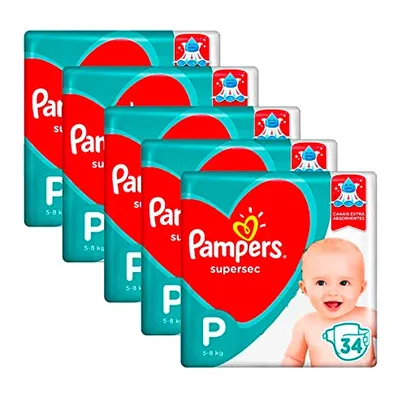 Kit 5 Fraldas Pampers Supersec Pacotão P - 170 Unidades