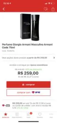 [AME 15%]Perfume Giorgio Armani Masculino Armani Code 75ml R$ 249