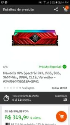 Memória XPG Spectrix D41, RGB, 8GB, 3600MHz, DDR4, CL18, Vermelho - R$320