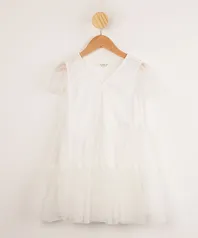 vestido infantil de tule com babados manga curta off white