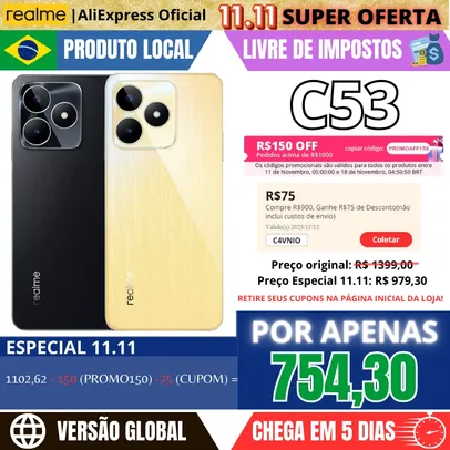 [Estoque no Brasil] Smartphone Realme C53 com 128GB de armazenamento, 6GB de RAM