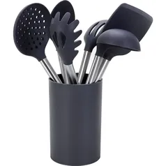 Conjunto de Utensílios de Silicone Cinza 7 Peças com Suporte Cabo em Inox  - Casual Home