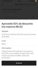 [Usuários selecionados] 50% off (limitado a R$15) no Uber Eats