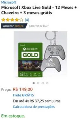 Microsoft Xbox Live Gold - 12 Meses + Chaveiro + 3 meses grátis por R$ 149