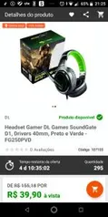 Headset Gamer DL Games SoundGate D1, Drivers 40mm, Preto e Verde R$ 40