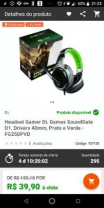 Headset Gamer DL Games SoundGate D1, Drivers 40mm, Preto e Verde R$ 40