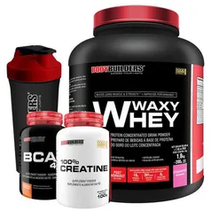 Kit Waxy Whey 2kg Morango + BCAA 4,5 100g + 100% Creatine 100g + Coqueteleira Bodybuilders R$80