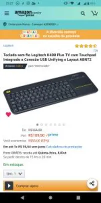 [Prime] Teclado sem fio Logitech k400 com Touchpad