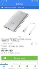 Carregador Portátil/Power Bank Samsung 10000mAh - Fast Charge R$ 95