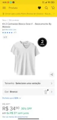 Kit 2 Camisetas Básica Gola V - Basicamente By Malwee | R$35