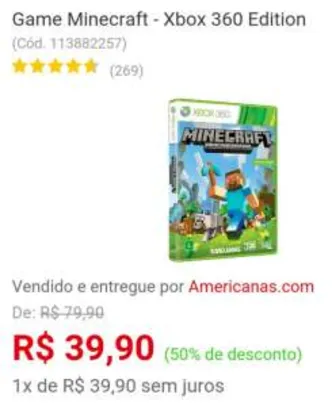 [Americanas] Game Minecraft - Xbox 360 Edition por R$ 40