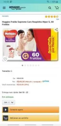 [Prime] Fralda Roupinha Huggies G - pacote com 60 fraldas | R$ 50 [R$0,83 a tira]