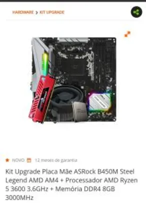 Kit Upgrade Placa Mãe ASRock B450M Steel Legend AMD AM4 + Processador AMD Ryzen 5 3600 3.6GHz + Memória DDR4 8GB 3000MHz | R$1.740