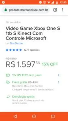 Video Game Xbox One S 1tb S Kinect Com Controle Microsoft | R$1.598