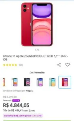 iPhone 11 Apple 256GB (PRODUCT)RED 6,1” R$ 4742