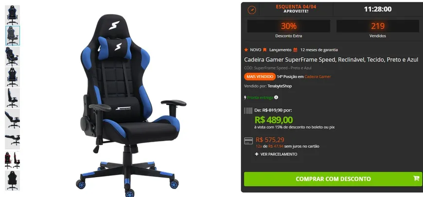 Cadeira Gamer SuperFrame Speed, Reclinável, Tecido, Preto e Azul