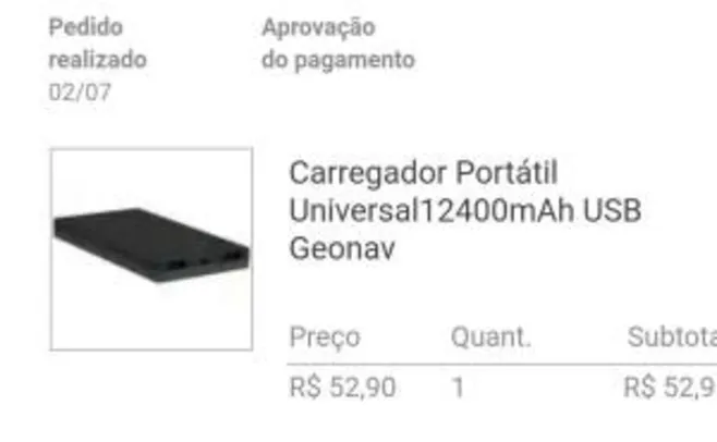 Carregador Portátil Universal12400mAh USB Geonav - Power Bank - R$52