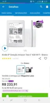 Kindle 8ª Geração Amazon Tela 6” 4GB Wi-Fi - Branco por R$ 234