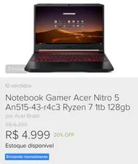 Notebook Gamer Acer Nitro 5 An515-43-r4c3 Ryzen 7 1TB 128GB - R$4999