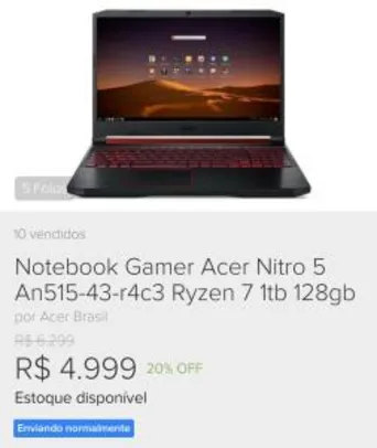 Notebook Gamer Acer Nitro 5 An515-43-r4c3 Ryzen 7 1TB 128GB - R$4999