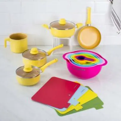 Conjunto de Panelas Everyday Amarela 5 peças + Conjunto Bowl e Medidores Colors 8 em 1 + Conjunto de Tábuas 4 Peças - La Cuisine - R$186