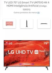 TV LED 75" LG Smart TV UM7510 4K 4 HDMI Inteligência Artificial | R$4.499