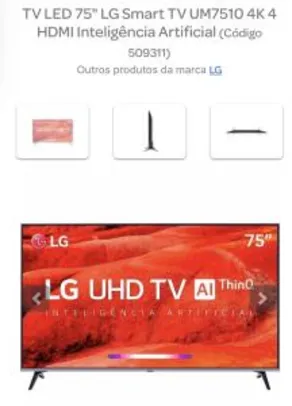 TV LED 75" LG Smart TV UM7510 4K 4 HDMI Inteligência Artificial | R$4.499