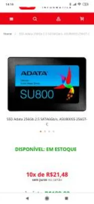 SSD ADATA 256GB 2.5 SATA6GB/S, ASU800SS-256GT-C - R$189