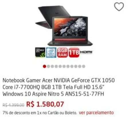 Notebook Gamer Acer NVIDIA GeForce GTX 1050 Core i7-7700HQ 8GB 1TB - R$1580