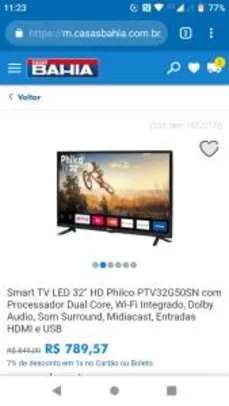 [Cartão Casas Bahia] Smart TV LED 32" HD Philco PTV32G50SN com Processador Dual Core - R$790