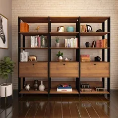 Conjunto 3 Estantes para Livros Industrial 1 Porta Mdp Match Espresso Móveis