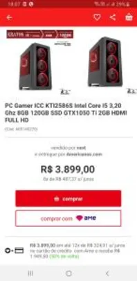 [50% de Ame] PC Gamer ICC KTI2586S Intel Core I5 3,20 Ghz 8GB 120GB SSD GTX1050 Ti 2GB HDMI FULL HD - R$3899