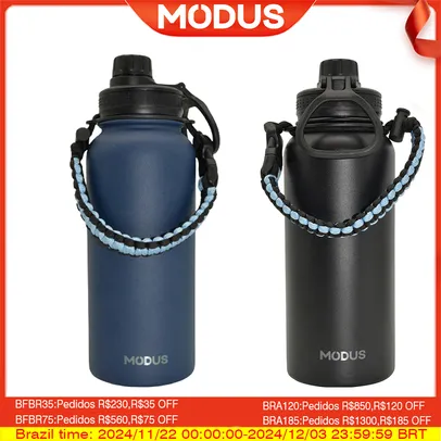 MODUS Garrafa[R$48,52 MOEDAS/APP ] Térmica de água de aço inoxidável com copo esportivo de 1000 ml com corda portátil 