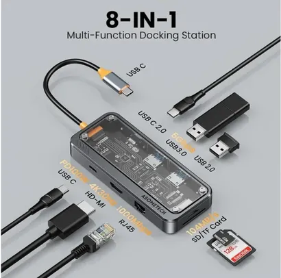 8 em 1, USB C Hub Dock Station Tipo C Compatível com HDMI, Porta Ethernet, RJ45, Adaptador PD 100W