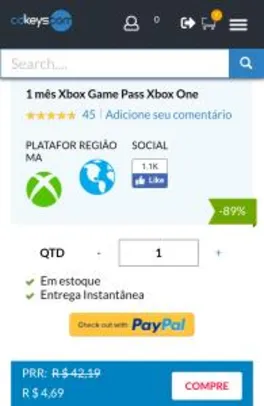 1 Mês Xbox Game Pass Xbox One - R$5