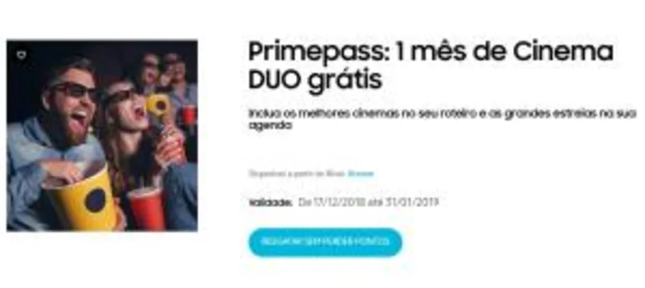 SAMSUNG CLUB | Primepass: 1 mês de Cinema DUO grátis |