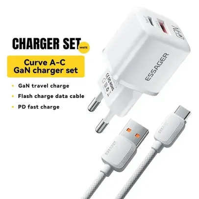 [APP/Taxa Inclusa] Carregador GaN Essager 20w 2 Portas + Cabo USB-C