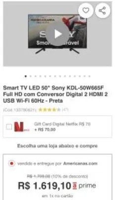 Smart TV LED 50" Sony KDL-50W665F Full HD com Conversor R$ 1619