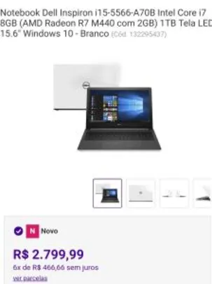 Notebook Dell Inspiron i15-5566-A70B Intel Core i7 8GB - R$2.800
