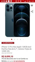 iPhone 12 Pro Max Apple 128GB Azul-Pacífico Tela de 6,7”, Câmera Tripla de 12MP, iOS - R$8099