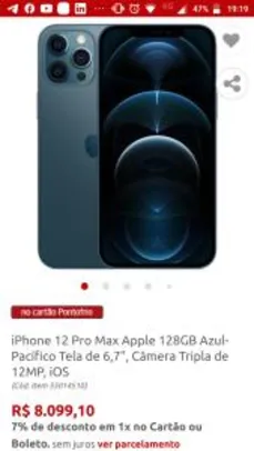 Saindo por R$ 8099,1: iPhone 12 Pro Max Apple 128GB Azul-Pacífico Tela de 6,7”, Câmera Tripla de 12MP, iOS - R$8099 | Pelando