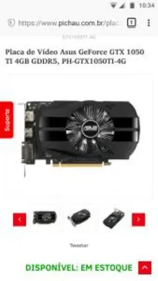 Asus GeForce GTX 1050 TI 4GB GDDR5, PH-GTX1050TI-4G - R$ 790
