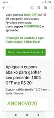 [Usuários Selecionados] 10% off até R$20,00 válido até 10/01 no UberEats