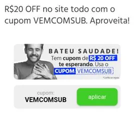 [SUBMARINO] R$ 20,00 de desconto pra compras acima de R$ 39,90 em toda loja.