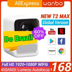 [ Do Brasil ] Projetor Xiaomi Wanbo T2 Max Mini Resolução 1920x1080 FullHd , Android 9.0, 450 Ansi Lumens, Bluetooth, Wifi 5G, Auto Focus